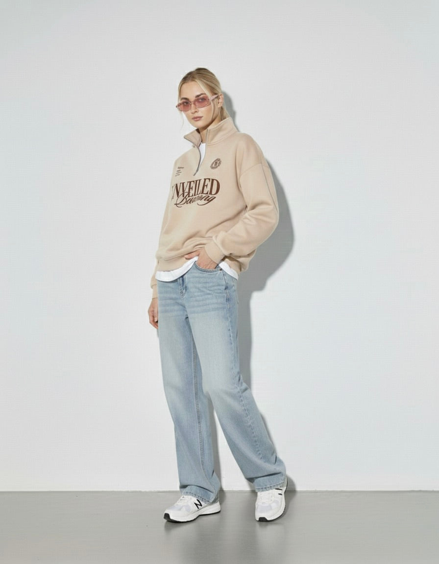 Unveiled Beige Quarter-Zip Drop Shoulder Sweatshirt – Mirrors®