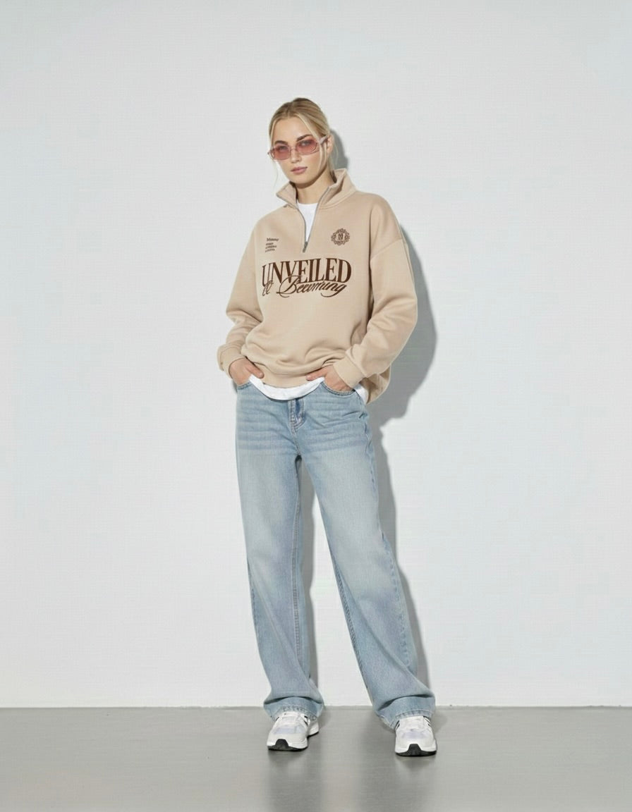 Unveiled Beige Quarter-Zip Drop Shoulder Sweatshirt – Mirrors®