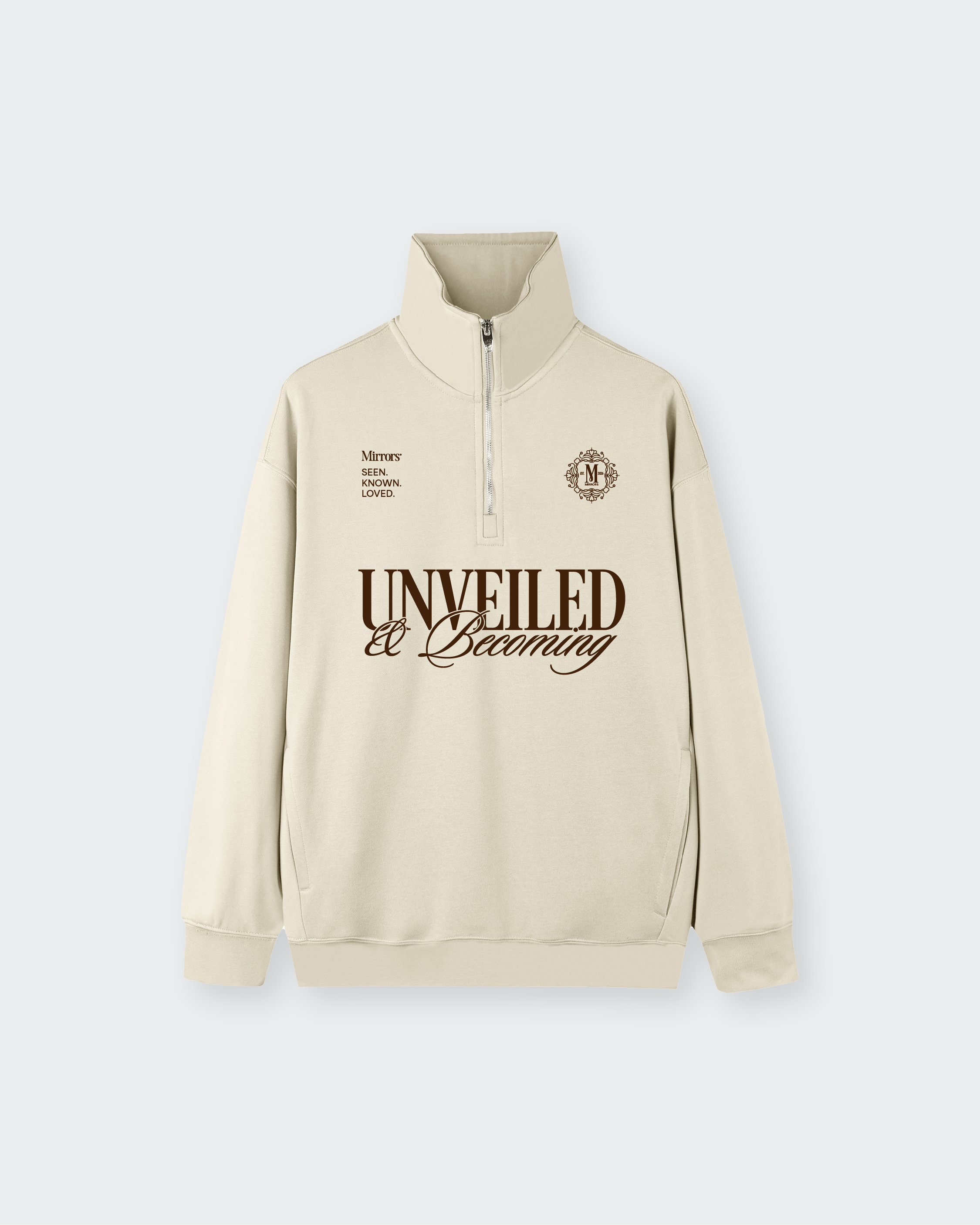 Unveiled Beige Quarter-Zip Drop Shoulder Sweatshirt – Mirrors®
