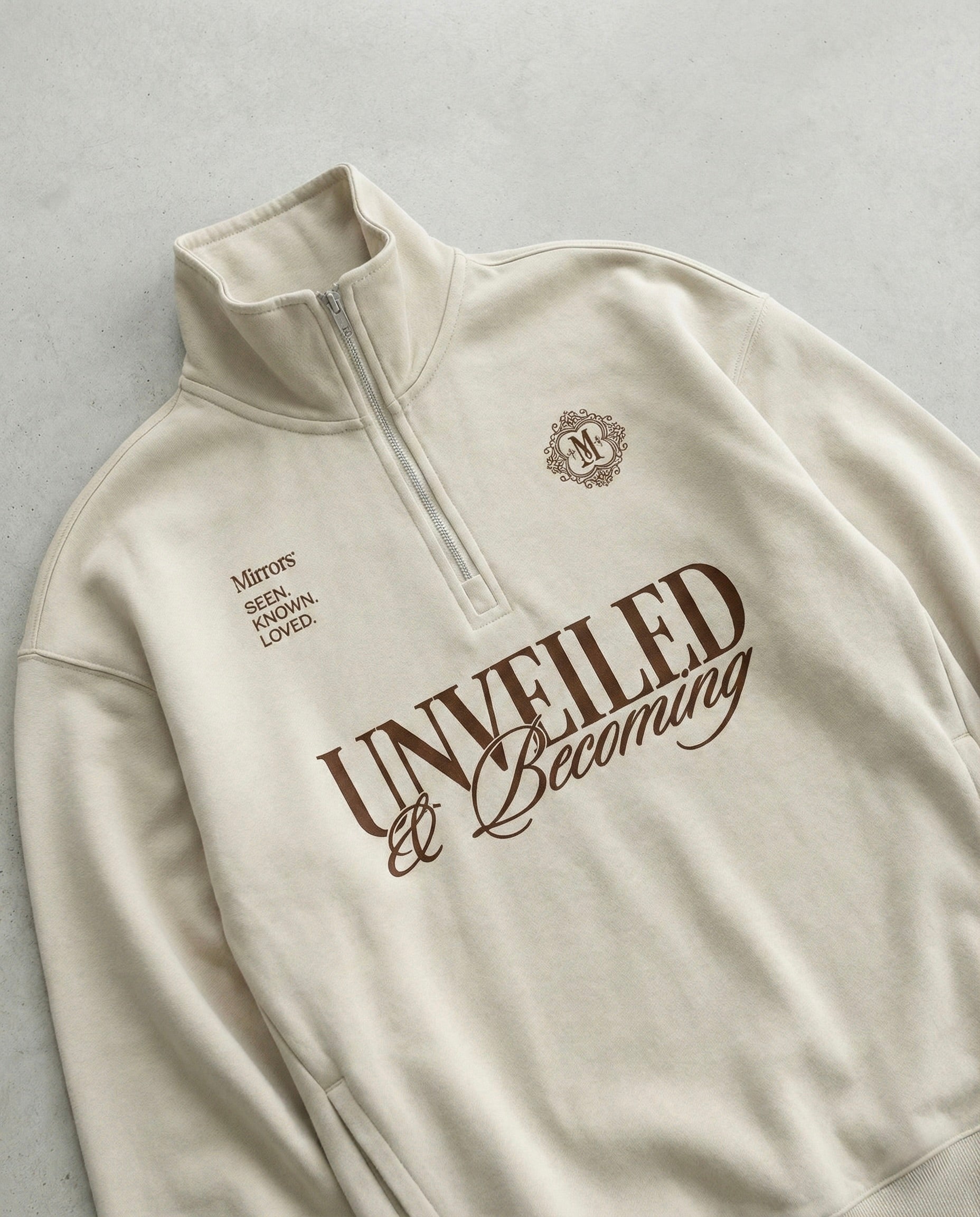 Unveiled Beige Quarter-Zip Drop Shoulder Sweatshirt – Mirrors®