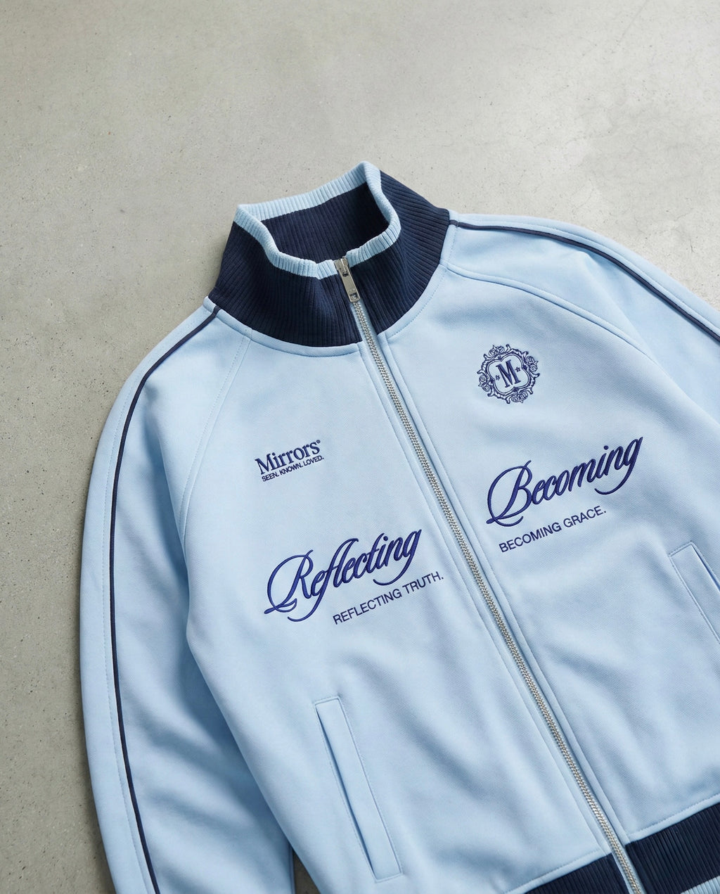 Reflecting & Becoming Light Blue Zip Track Jacket – Mirrors®
