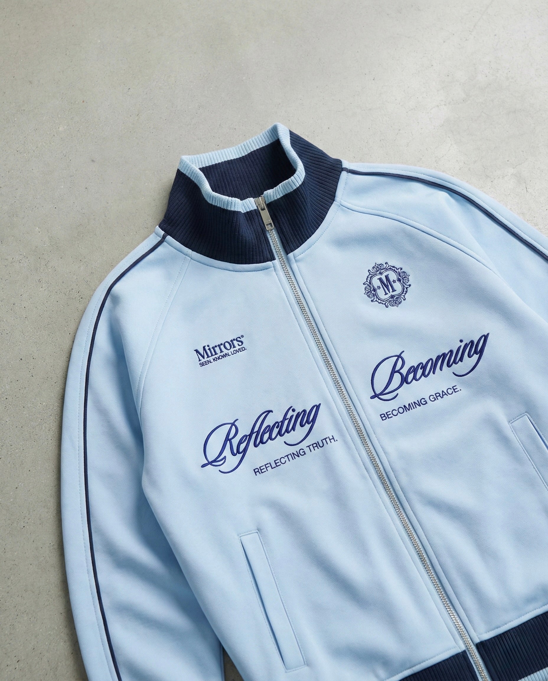 Reflecting & Becoming Light Blue Zip Track Jacket – Mirrors®